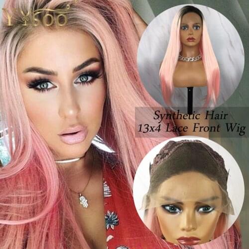 YYsoo Ombre Long Pink Silky Straight Glueless Lace Front Synthetic Wig 13x4 Free Part Heat Resistant Ombre Half Hand Tied Wig