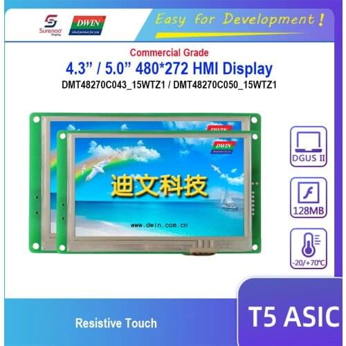 Dwin T5 HMI Display, DMT48270C043_15WTZ1 DMT48270C050_15WTZ1 4.3" 5.0" RS232 RS485 480X272 LCD Module Resistive Touch Screen