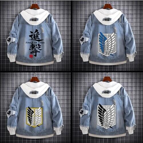 Attack on Titan Jeans Jacket Coat Scout Regiment Cosplay Costume Denim Jacket Autumn Eren Jager Hooded Sweatshirt Outwear Coat