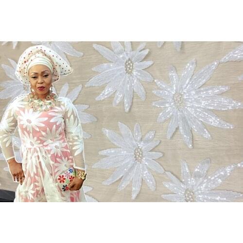 French Net Lace Fabric Latest african guipure lace fabric with embroidery mesh tulle water white cord Sequins lace fabric M10186