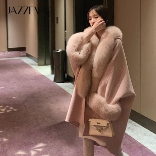 JAZZEVAR 2020 winter Coat Women luxurious Natural Fox Fur Jacket socialite Cashmere double faced Wool Outerwear Ladies cloak