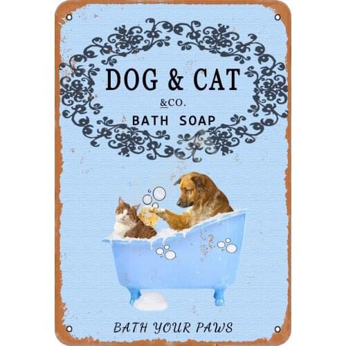 Metal Sign Dog & Cat Bath Soap Family Bathroom Interior Art Wall Decoration Old-fashioned Retro Square Metal Sign 8X12 Inches