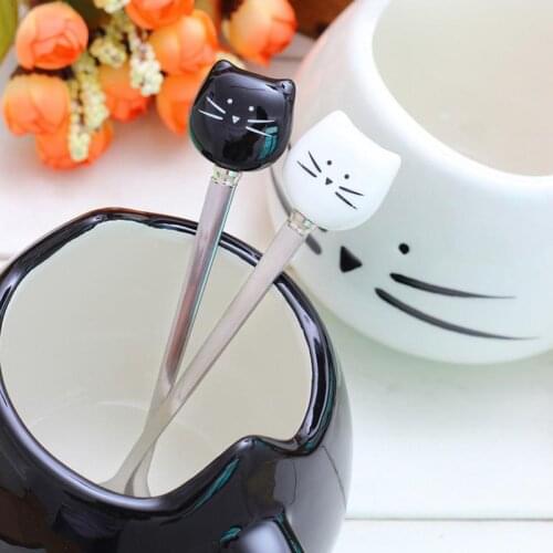 Harajuku Ice Cream Cartoon Black White Cat Head Spoons Baby kids children Feeding Coffee Stainless Steel Cute Teaspoon#734