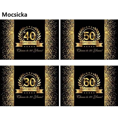 Mocsicka Glitter Gold Birthday Photography Backdrop Happy 30 40 50 60th Birthday Party Photo Background Gold Leaves Banner Decor