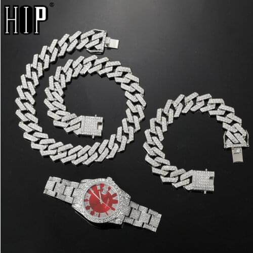Hip Hop 20MM 3PCS KIT Watch+Necklace+Bracelet Bling Crystal AAA+ Iced Out Rhinestones Prong Cuban Chains For Women Men Jewelry
