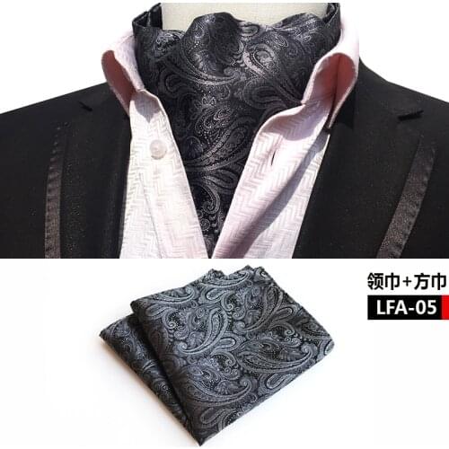British Style Gentlemen Ascot Pocket Square Set Gray Paisley Pattern Unique Neck Tie Scarf Sets