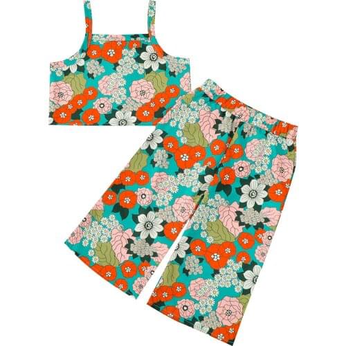 New Girl Kid Child Clothing Sets Sleeveless Floral Crop Top T shirt long Pants Clothes Summer Casual Sunsuit Outfit