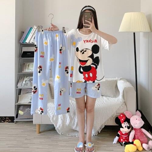 Disney Cartoon Mickey Bear Print Pajamas Women 3PCS Suit Summer Short-Sleeved Shorts Trousers Girl Cute Thin Home Service Suit