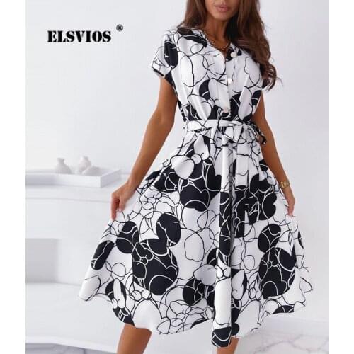 Summer New Women Fashion Printed Shirts Dress Casual Short Sleeves Buttons Lace Up Elegant Irregular Slim Office Ladies Dresses