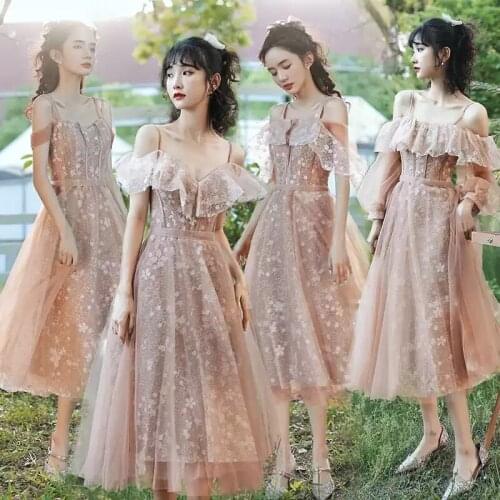 Bridesmaids Dresses Illusion Short V-Neck A-Line Tulle Lace Spaghetti Straps Ankle-Length Flowers Women Wedding Party Gown E626