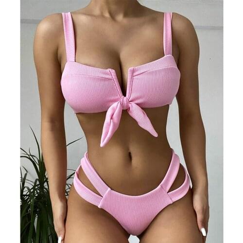 QINJOYER Sexy Bikini Women Pink Swimsuit Thong Bikini 2021 Bathing Suits Women 2 Pieces Swimwear Bandage Swimsuit Brazil Bikini