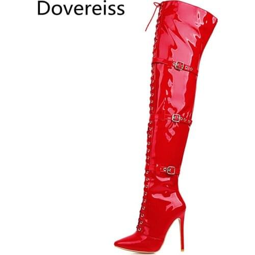 Dovereiss Fashion Womens Shoes Winter Pure color red white new Buckle Cross tied Pointed Toe Sexy Over the knee boots 30-48