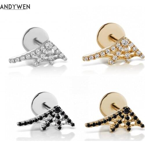 ANDYWEN 925 Sterling Silver Cryral Left Ear Threaded Web Stud Earring Christmas Earrings Single Black CZ Gold Crystal Jewelry