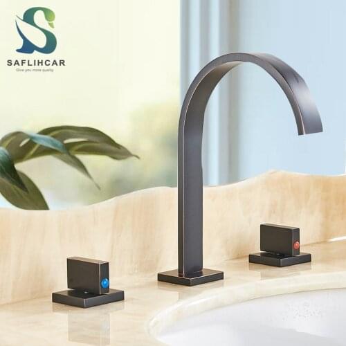 Black Bronze Three-piece Bathroom Basin Faucet Contemporary Gentle Effluent Hot and Cold Water Mixer Taps Deck Installation