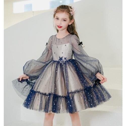 Lapel Tulle Flower Girl Dresses Wedding Evening Gowns Lantern Sleeve Beading Mesh Stitching Dress For Girls Birthday Gown L881