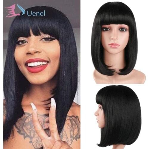 Uenel 14 inch Bob Wig with Bangs Short Black Machine Made Straight Wig Cospaly Party Daily Wig Heat Resistant Fiber Hair wig