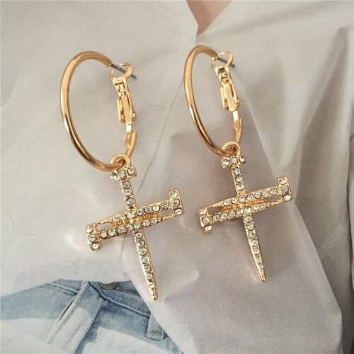 Unique Punk Gold Color Plating Clear Stone Paving Needle Cross Charm Hoop Earrings For Women Elegant Chunky Modern Jewelry
