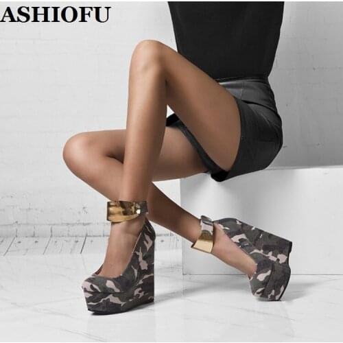 ASHIOFU Real Photos Handmade Womens Wedge Heels Pumps Camouflage Leather Party Dress Shoes Evening Club Fashion New Pumps Shoes