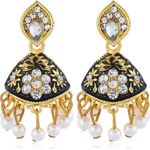 India Palace Jhumka Earrings for Women Gold Alloy Rhinestone Pearl Tassel Drop Earring Statement pendientes Party Jewelry Gift