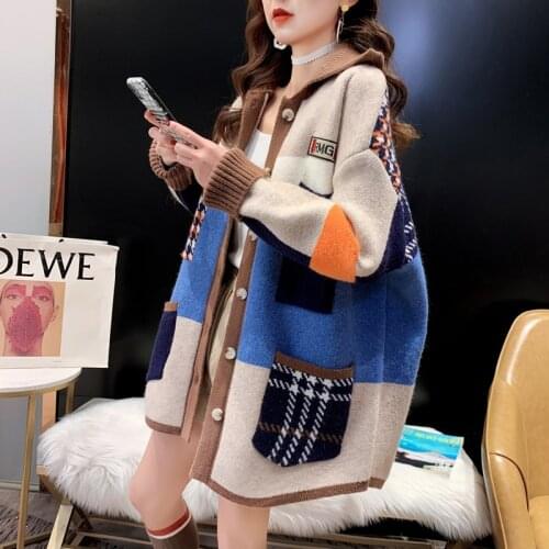 2021 Autumn Winter Women Long Cardigan Contrast Print Pocket Button Oversize Sweater Cardigan Female Street Jacket Coat