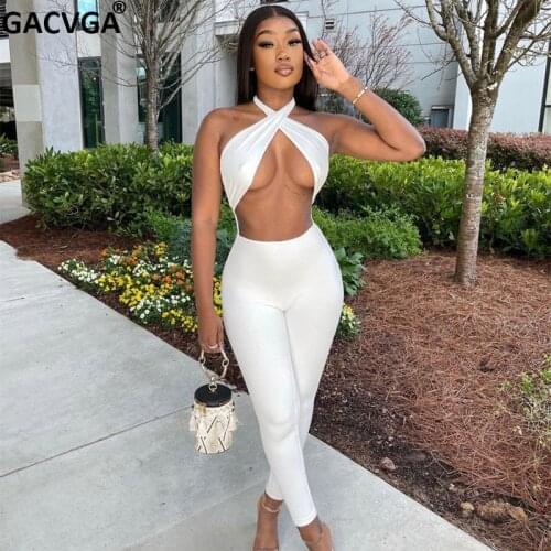 GACVGA Halter Sexy Bodycon Jumpsuit Summer Sportswear Women Rompers Cut Out Streetwear Skinny Ladies Jumpsuits One Piece 2021