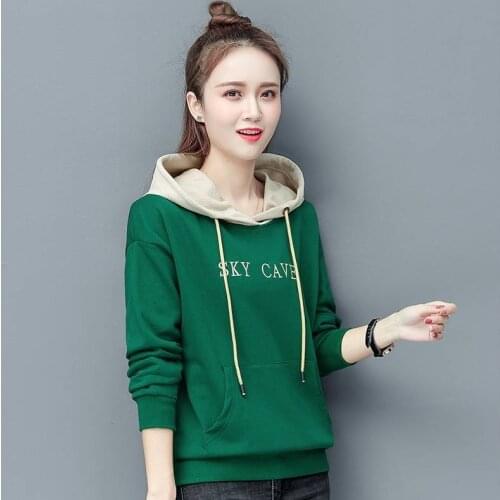 Womens new spring and autumn hooded red pullover sweatshirt women loose embroidered letters with cap hit color shirt women