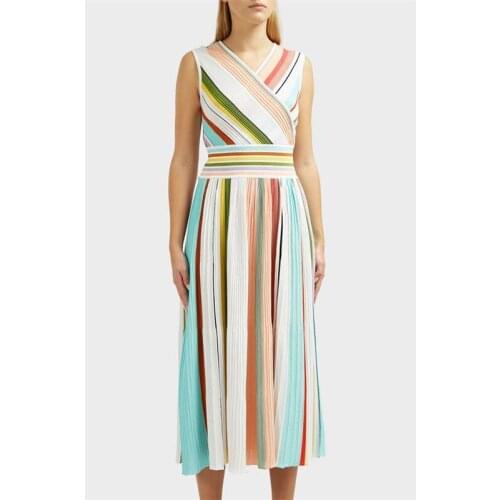 High Quality V-Neck Sleeveless Colorful Striped Jacquard Women Bandage Dress Celebrity Evening Party Dress