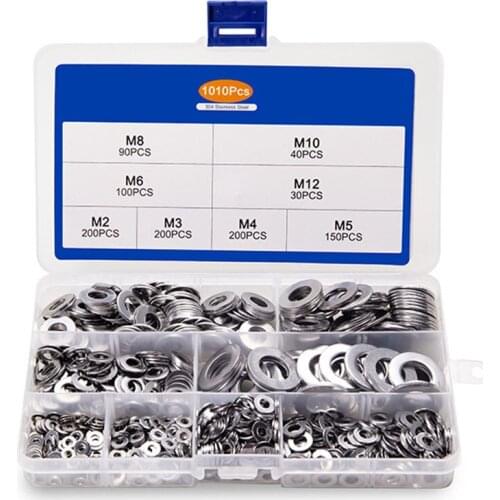 1010Pcs 304 Stainless Steel Washer Set M2 M3 M4 M5 M6 M8 M10 M12 Flat Washer Ring Washer Classification Kit GB97