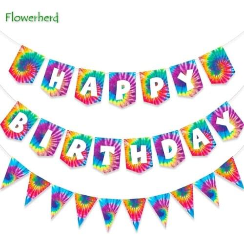 2 Pieces Tie-dye Party Happy Birthday Banner and Pennant Banner Tie-dye Theme Party Retro Party Birthday Decoration