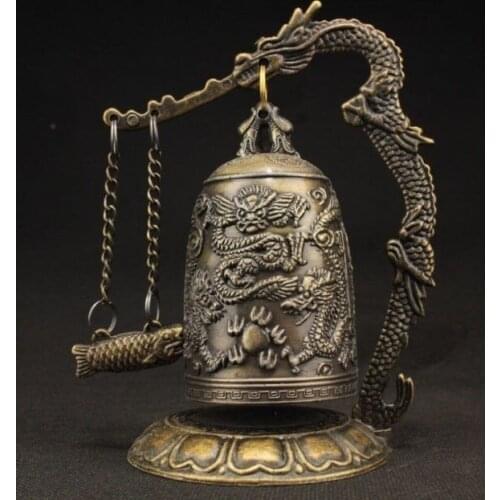 Free Shipping SUPERB VINTAGE DECORATED HANDWORK COPPER CARVED DRAGON WONDERFUL BELL STATUE