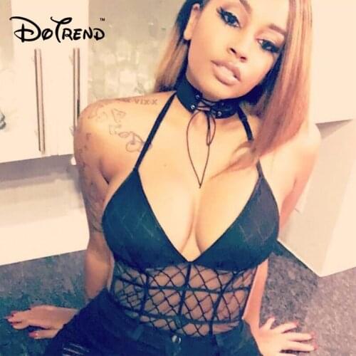 Body Mujer Women Sexy Bodysuit Mesh Lace See Trough Straps Deep V Jumpsuit Halter Hanging Neck Plaids Grid Erotic Club