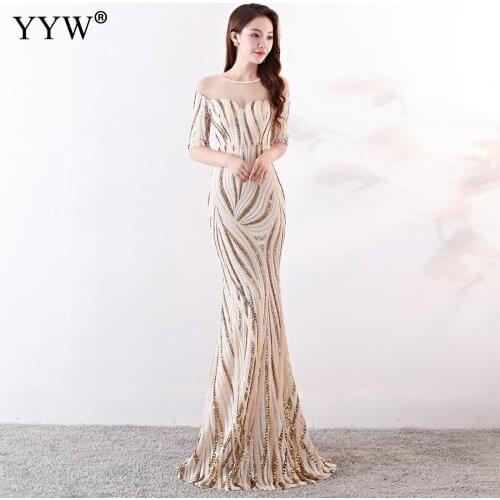 Crystal O Neck Striped Sequined Mermaid Long Dresses Elegant Half Sleeve Illusion Backless Party Formal Gowns Ladies Maxi Dress