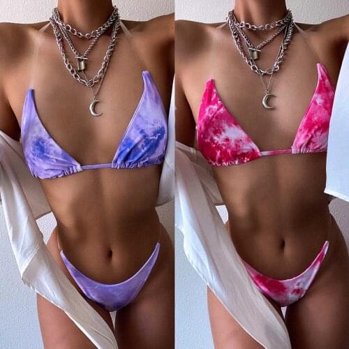 Women Sexy Halter T-String Bikini 2 Piece Set Tie-dyed Printed Lace up Side Swimsuit with Liner Sexy Triangle Bikini Swimsuit