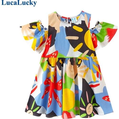 LucaLucky 2021 Sweet Print Dresses Girls Summer Off Shoulder Ruffles Dress Baby Big Girls Beach Holiday Dresses Children Clothes