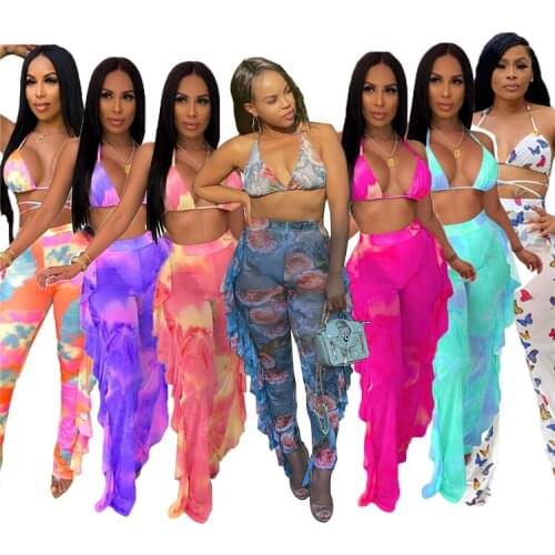 2021 Trendy Casual Ladies Trousers Print Ruffled Thin Loose Sexy Beach Wear Summer Women Long Pants