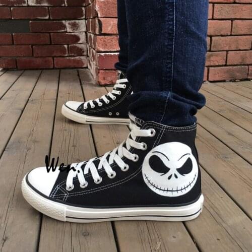 Wen Black Hand Painted Shoes Design Custom Nightmare Before Christmas Skull Jack Skelli Head High Top Men Womens Sneakers