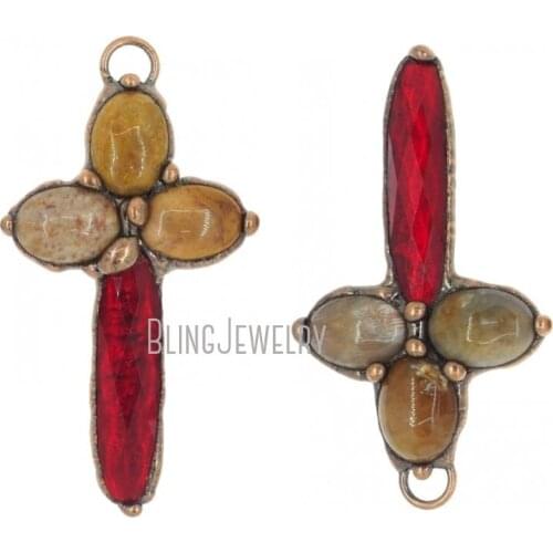 Rustic Copper Plated Fancy Cross Pendant Red Crystal Chrysanthemum Stone Pendant PM38051