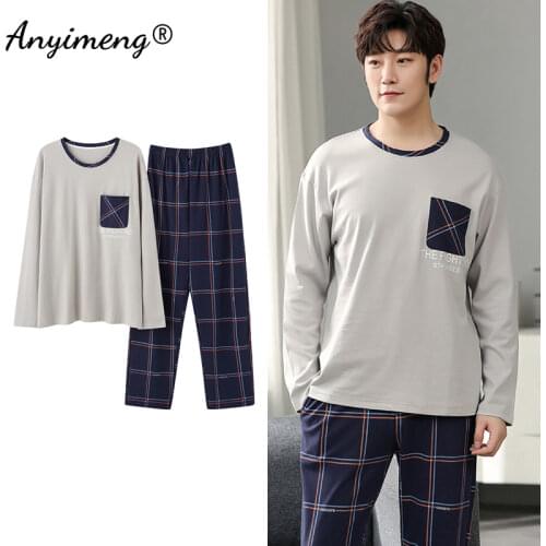 Autumn Long Sleeve Pajamas Set for Men Plus Size Sleepwear Kinttied Cotton Pajama for Boy Plaid Minimalist Style for Gentleman