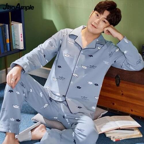 Pajamas Mens Cotton Striped Long-sleeved Trousers Two-piece Pijamas Spring Autumn Loose Plus Size Casual Nightie Sleepwear Set