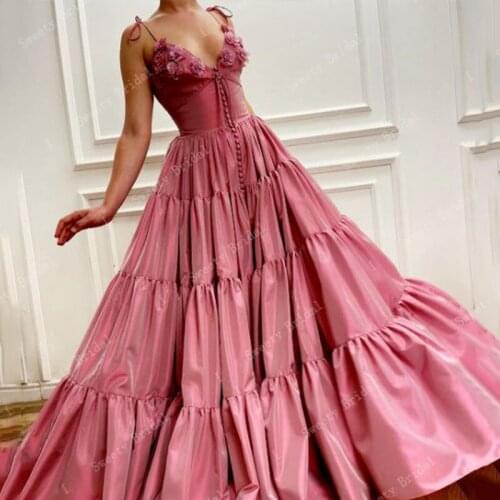 Pink V-Neck Pleated A-Line Saudi Arabia Muslim Evening Dress Sexy Spagetti Straps Backless Prom Party Dress with Flowers