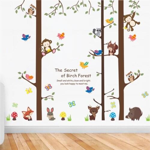 Happily Animals In Birch Forest Wall Stickers For Kindergarten Kids Room Home Art Large Wall Decals Decoration Cartoon Mural