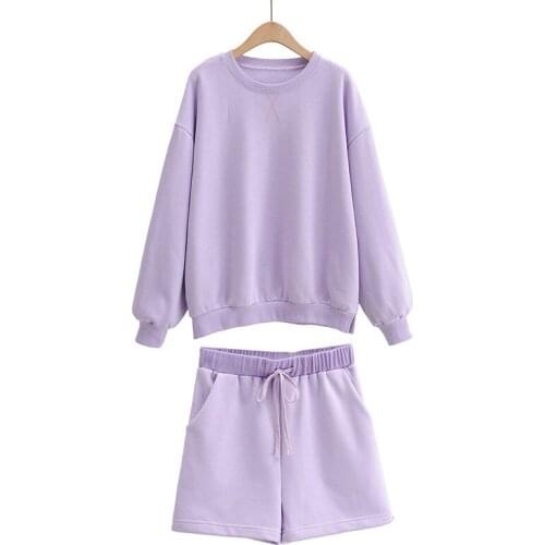 Spring and autumn new street casual round neck solid color hedging loose sweater elastic waist tie pure color shorts suit ladies
