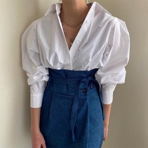 Korean Vintage Loose White Shirt Woman 2021 Spring Puff Sleeve Button Up Ladies Office Shirts Women Casual Fashion Blouse 13615