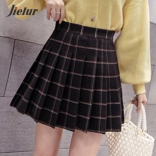 Jielur A-line Women Skirt Slim High Waist Plaid Skirt Zipper Autumn Winter Black Chic Saia Faldas Korean Mini Skirts Womens