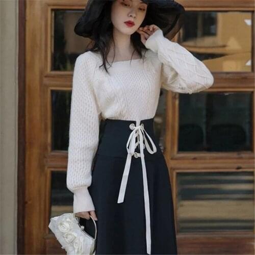 Winter French Women Two Piece Set Vintage White Long Sleeve Pullover Sweater +Black Bandage Maxi Skirt Suit Elegant Lady Outfits