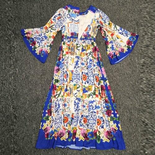 Porcelain Runway 2021 Spring Summer Womens Flare Sleeve Colorful Flower Print Long Holiday Dress