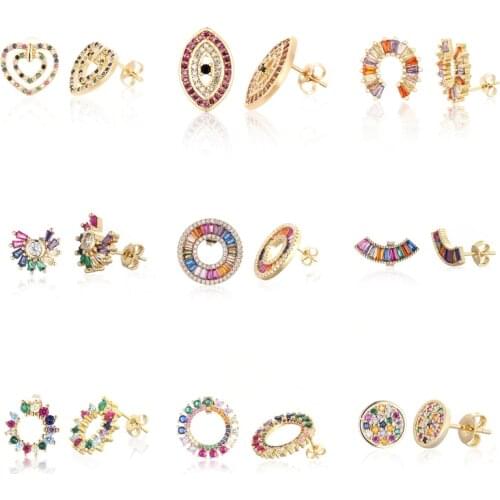 Gold womens stud earring rainbow copper zirconia stud earrings heart eye round butterfly earring jewelry accessories for women