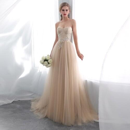 Alagirls 2020 Simple Champagne Strapless Wedding Dresses Appliques Sweep Train Wedding Gown vestidos de noiva Long Bridal Dress