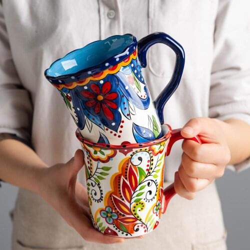 Guopin 500ml Large Bohemian Mug Ceramic Mark Cup Breakfast Coffee Milk Tea Fruit Juice Couple Cup Drinkware Tool