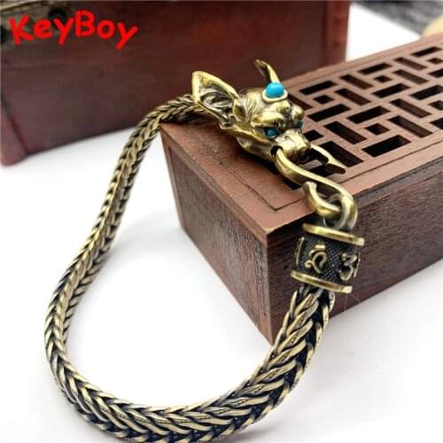 Antique Brass Green Stone Eyes Leopard Head Mantra Bead Chain Cuff Bracelet Copper Punk Hip-Hop Men Women Fashion Bangle Jewelry